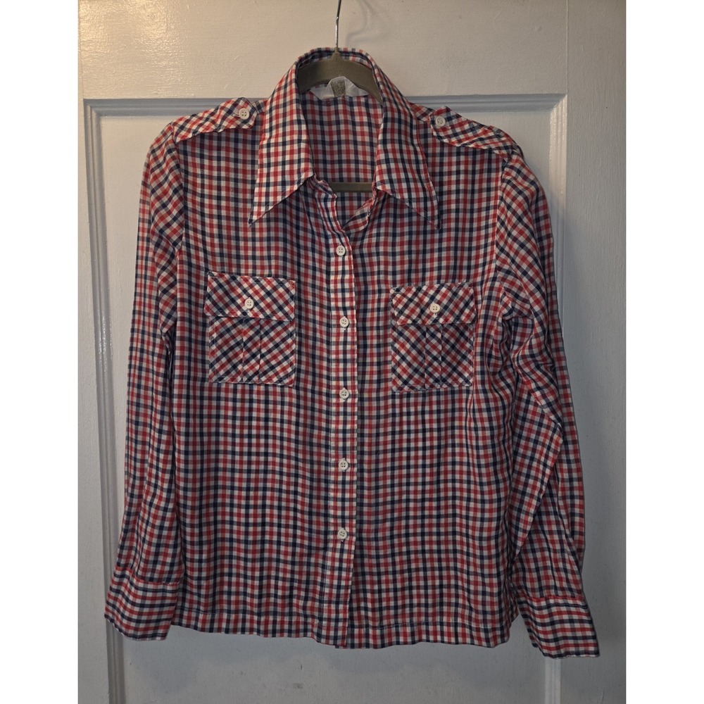 Montgomery Ward Womens Vintage 70s Button Up Shirt Red Blue White gingham. 14